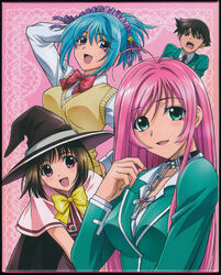  1boy 3girls akashiya_moka blue_hair brown_eyes chains green_eyes hairband hat highres kurono_kurumu multiple_girls photoshop_(medium) pink_hair purple_eyes rosario+vampire sendou_yukari shirayuki_mizore toujou_ruby vampire witch 