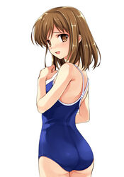  ass back blush brown_eyes brown_hair competition_school_swimsuit female from_behind highres looking_back misaki_kurehito nervous one-piece_swimsuit open_mouth school_swimsuit simple_background smile solo suiheisen_made_nan_mile? swimsuit tsuyazaki_kokage 