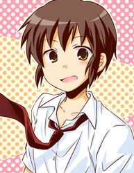  1boy bad_id bad_pixiv_id blush brown_eyes brown_hair kita_high_school_uniform kyon looking_at_viewer male_focus multicolored_background necktie nyaro orange_background patterned_background photoshop_(medium) pink_background polka_dot polka_dot_background red_necktie school_uniform short_sleeves smile solo summer_uniform suzumiya_haruhi_no_yuuutsu upper_body 