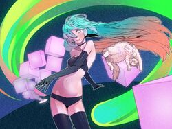  aqua_hair blue_eyes commentary_request elbow_gloves feline female gloves guitar_(guitars) hair_over_one_eye hatsune_miku headphones long_hair midriff navel photoshop_(medium) solo thighhighs twintails vocaloid 