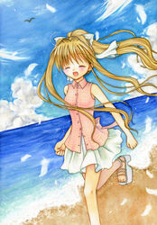  air_(visual_novel) bad_id bad_pixiv_id beach blonde_hair casual closed_eyes commentary_request day feathers female hinokami_sakura kamio_misuzu long_hair photoshop_(medium) ponytail sandals solo 