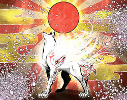  amaterasu_(ookami) animal cherry_blossoms commentary_request egasumi japan no_humans okami ookamiden petals photoshop_(medium) red_sun rising_sun_flag satsuki_yuu_(awairo) sunburst sunburst_background wolf 