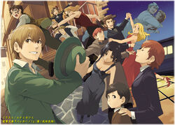  6+boys 6+girls baccano! black_dress black_hair blonde_hair brown_hair carrying chane_laforet claire_stanfield czeslaw_meyer dancing dress enami_katsumi ennis eyepatch firo_prochainezo formal hat isaac_dian jacuzzi_splot ladd_russo long_hair lua_klein maria_barcelito miria_harvent multiple_boys multiple_girls nice_holystone official_art piggyback short_hair smile suit tattoo teeth tick_jefferson 