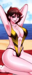  1girls abs avengers beach female female_only jadenkaiba janet_van_dyne lipstick marvel marvel_comics one-piece_swimsuit red_hair short_hair sling_bikini solo swimsuit tagme the_avengers:_earth&#039;s_mightiest_heroes thick_thighs wasp_(earth&#039;s_mightiest_heroes) wasp_(marvel) 