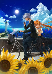  1boy air_(visual_novel) bicycle bicycle_basket black_legwear black_shirt black_skirt blonde_hair blue_pants blue_sky closed_eyes cloud commentary_request contrail day dinosaur female flower food from_side grey_hair hair_ribbon horizon kamio_misuzu kneehighs kunisaki_yukito lazward leaning lighthouse long_hair long_sleeves multiple_riders ocean outdoors pants photoshop_(medium) pillion ponytail popsicle ribbon riding school_uniform shirt short_hair sidesaddle skirt sky smile socks sun sunflower tan thighhighs white_ribbon 