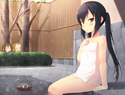  3girls amamiya_minato blood commentary_request forehead glint hirasawa_yui k-on! long_hair multiple_girls nakano_azusa naked_towel nosebleed o_o peeping tainaka_ritsu ton-chan towel turtle 