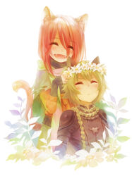  2boys :&lt; animal_ears blush cat_ears cat_tail closed_eyes commentary_request fangs flower green_hair hair_between_eyes lamento leaks light_brown_hair long_hair male_focus multiple_boys multiple_girls open_mouth photoshop_(medium) red_hair shui_(lamento) tail zhuo_mi 