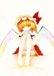  barefoot blonde_hair chinchickrin commentary_request digital_media_player feet female flandre_scarlet hat ipod photoshop_(medium) ponytail short_hair side_ponytail solo touhou wings 