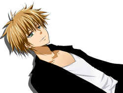  1boy blonde_hair casual green_eyes jacket kaichou_wa_maid-sama! male_focus simple_background smile solo usui_takumi 