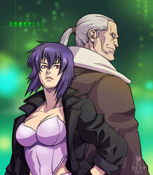  1boy back-to-back batou_(gits) black_gloves black_jacket blurry breasts brown_coat cleavage closed_mouth coat collarbone commentary_request copyright_name dated depth_of_field female from_side ghost_in_the_shell ghost_in_the_shell_stand_alone_complex gloves hair_between_eyes hair_tie hand_on_own_hip height_difference high_collar highleg highleg_leotard jacket kusanagi_motoko large_breasts leather leather_jacket leotard lips looking_to_the_side looking_up open_clothes open_jacket ponytail profile purple_hair purple_leotard red_eyes ryuuki_garyuu serious short_hair sideburns silver_hair standing strapless strapless_leotard upper_body 