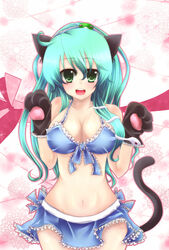  animal_ears animal_hands bad_id bad_pixiv_id bare_shoulders bikini blue_bikini breasts cat_ears cat_tail cleavage female frog front-tie_top gloves green_eyes green_hair hair_ornament hairband kemonomimi_mode kochiya_sanae large_breasts long_hair midriff navel open_mouth paw_gloves paw_pose snake solo swimsuit tail tomcho touhou 