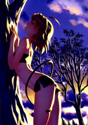  absurdres against_tree ahoge akumachi_pam arched_back backlighting bandeau breasts closed_eyes cloud dutch_angle female highres leaning_forward mori_kotarou non-web_source open_mouth photoshop_(medium) profile red_hair short_shorts shorts sky small_breasts solo strapless stray_little_devil tail tail_wrap tree tube_top twilight unzipped 