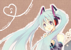  aobara aqua_hair commentary_request detached_sleeves female hatsune_miku long_hair musical_note smile solo twintails vocaloid 