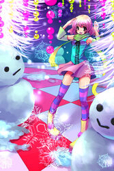  bad_id bad_pixiv_id blush checkered detached_sleeves female highres kobanzame open_mouth original pink_eyes scarf short_hair skirt smile snow snowflakes snowman solo striped_clothes striped_thighhighs thighhighs winter zettai_ryouiki 