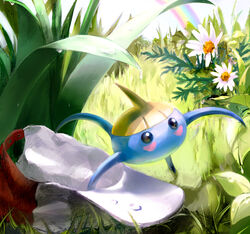  baseball_cap commentary_request daisy flower grass hat leaf nature no_humans oota_alisa photoshop_(medium) pokemon pokemon_(creature) rainbow solo surskit water_drop white_flower 