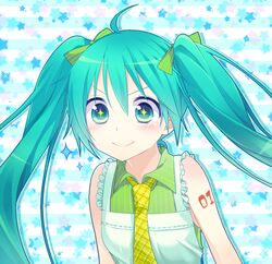  +_+ ahoge apron aqua_eyes aqua_hair commentary_request female hair_ribbon hatsune_miku kuu_(0427) long_hair necktie ribbon smile solo twintails vocaloid 