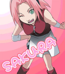  ;d arm_warmers bending bike_shorts black_shorts feet_out_of_frame female forehead_protector green_eyes hand_on_own_hip leaning_forward looking_at_viewer lowres miniskirt nail_polish naruto_(series) naruto_shippuuden ninja one_eye_closed open_mouth photoshop_(medium) pink_background pink_hair pomeranianko sakura_haruno short_hair shorts shorts_under_skirt simple_background skirt smile solo standing unzipped white_skirt 