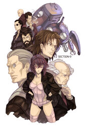  6+boys aramaki_daisuke bad_id bad_pixiv_id bald batou_(gits) beard black_hair boma_(gits) brown_eyes brown_hair cigarette cyberpunk everyone facial_hair female fingerless_gloves ghost_in_the_shell ghost_in_the_shell_stand_alone_complex gloves grey_hair hands_on_own_hips ishikawa_(gits) jacket kusanagi_motoko leotard mecha multiple_boys osamu_(jagabata) paz_(gits) purple_hair red_eyes robot saitou_(gits) science_fiction short_hair simple_background smoke tachikoma thighhighs togusa_(gits) white_hair 