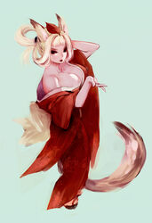  animal_ears arms_behind_head bad_id bad_pixiv_id bare_shoulders breasts cleavage deba female fox_ears fox_tail japanese_clothes kimono kongiku large_breasts leaf leaf_on_head lips oboro_muramasa off_shoulder orange_eyes photoshop_(medium) red_kimono sandals simple_background solo tail white_hair 