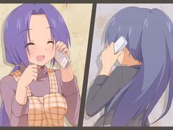  2girls blue_hair closed_eyes commentary_request cordless_phone idolmaster idolmaster_(classic) kisaragi_chihaya long_hair miura_azusa multiple_girls phone ponytail van-s 