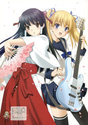  3girls absurdres guitar highres instrument japanese_clothes kani_biimu kurusu_manami mayoi_neko_overrun! miko multiple_girls oouchi_itsuki school_uniform serizawa_fumino tamafuri_series thighhighs 