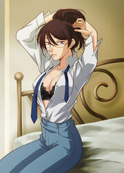  arms_up bed black_bra bra breasts brown_hair casual cleavage commentary_request female glasses gundam gundam_00 hair_bun hair_ornament hairclip hairdressing kati_mannequin kazemal lace lace_bra lingerie lipstick makeup medium_breasts mole mole_under_mouth mouth_hold necktie open_clothes open_shirt pants photoshop_(medium) purple_eyes shirt single_hair_bun sitting solo underwear 