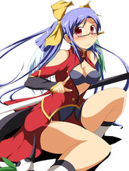  alternate_costume arc_system_works bare_shoulders blazblue blue_hair blush bra breasts chinese_clothes cleavage cleavage_cutout clothing_cutout commentary_request company_connection cosplay dizzy_(guilty_gear) female glasses guilty_gear hair_ribbon highres lao_jiu large_breasts lingerie litchi_faye_ling litchi_faye_ling_(cosplay) long_hair mirano photoshop_(medium) red_eyes ribbon solo underwear weapon wings 