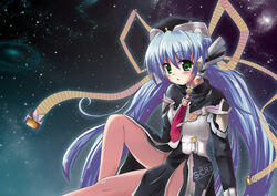  blue_hair commentary_request female green_eyes hat hoshino_yumemi long_hair necktie photoshop_(medium) planetarian rayhwang ribbon solo twintails 