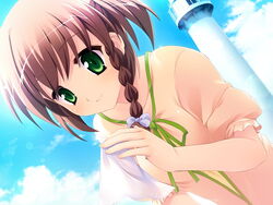  braid brown_hair day female game_cg green_eyes hair_ribbon kikuchi_nanami mimi_wo_sumaseba_(eroge) ribbon sky smile solo souryuu_(double_dragon) 