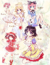  5girls alice_(alice_in_wonderland) alice_(alice_in_wonderland)_(cosplay) alice_in_wonderland animification arin bad_id bad_pixiv_id black_hair blonde_hair blue_eyes cecilia_(pangya) cosplay grimm&#039;s_fairy_tales hana_(pangya) highres keiko220 kooh little_red_riding_hood little_red_riding_hood_(grimm) little_red_riding_hood_(grimm)_(cosplay) lucia_(pangya) multiple_girls original pangya panties pantyshot photoshop_(medium) pink_eyes pink_hair purple_eyes red_eyes sitting snow_white snow_white_(grimm) thighhighs underwear 