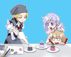  +_+ 3girls :&lt; apron asymmetrical_hair baking bandana blonde_hair brown_hair commentary_request drooling food grey_hair icing kansuke_(bubuduke) lunasa_prismriver lyrica_prismriver merlin_prismriver multiple_girls pastry_bag photoshop_(medium) pudding siblings sisters touhou 