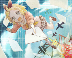  aircraft airplane amripo arrow_(symbol) bad_id bad_pixiv_id blonde_hair cloud female forehead foreshortening grey_eyes hair_ornament hair_ribbon hairclip incoming_letter kagamine_rin kneehighs letter love_letter open_mouth perspective photoshop_(medium) plaid ribbon running school_uniform short_hair shuumatsu_ga_yattekuru!_(vocaloid) skirt sky smile socks solo star_(symbol) tears ufo vocaloid 