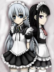  2girls ar_tonelico ar_tonelico_i ar_tonelico_ii black_hair blue_eyes braid commentary_request deni_m grey_hair jakuri_(ar_tonelico) long_hair maid maid_headdress multiple_girls red_eyes shurelia_(ar_tonelico) thighhighs twin_braids very_long_hair waitress white_thighhighs zettai_ryouiki 