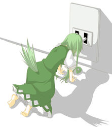  absurdres all_fours bad_feet barefoot caved_(touhou) commentary_request dress electric_plug electrical_outlet electrocution ex-keine female from_behind green_dress green_hair highres horns kamishirasawa_keine long_hair mini_person minigirl recharging shadow solo tail to-hou_eiyasyou touhou 