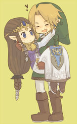  1boy blue_eyes carrying closed_eyes commentary_request dress earrings elbow_gloves female gloves hat jewelry link long_dress pointy_ears princess_carry princess_zelda smile the_legend_of_zelda the_legend_of_zelda:_twilight_princess tiara tsutsuji 