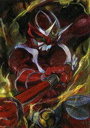  1boy babaan commentary_request drumsticks horns kamen_rider kamen_rider_hibiki kamen_rider_hibiki_(series) male_focus oni photoshop_(medium) red_theme solo 