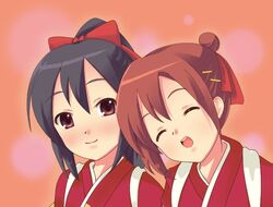  2girls alternate_hairstyle black_hair brown_eyes brown_hair commentary_request hirasawa_yui japanese_clothes k-on! kimono multiple_girls nakano_azusa photoshop_(medium) ponishi. ponytail short_hair tasuki yuiazu_(unit) yukata 