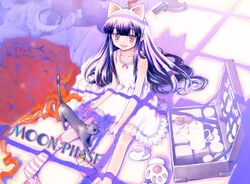  :d animal_ears arima_keitarou black_cat blunt_bangs cat_ears clothes_on_floor cup dress fake_animal_ears feline female hazuki_(tsukuyomi) highres long_hair looking_at_viewer official_art official_wallpaper open_mouth purple_eyes purple_hair single_sock sitting smile socks solo striped_clothes striped_socks suitcase tea tea_set teacup teapot tsukuyomi_moonphase white_dress window_shadow 