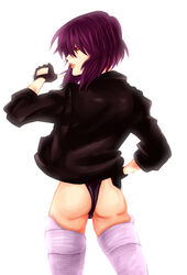  ass bad_id bad_pixiv_id female fingerless_gloves ghost_in_the_shell ghost_in_the_shell_stand_alone_complex gloves hand_on_own_hip highres jacket kusanagi_motoko leotard looking_back matano_maya profile purple_hair red_eyes short_hair simple_background sleeves_rolled_up solo standing thighhighs thumbs_up 