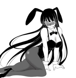  amano_issui animal_ears blush bow bowtie breasts cleavage commentary_request female girlfriend_(houkago_play) greyscale high_heels houkago_play large_breasts legs leotard long_hair monochrome pantyhose photoshop_(medium) playboy_bunny rabbit_ears shoes simple_background solo very_long_hair 