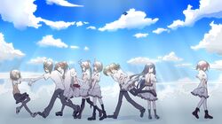  2boys 6+girls backbeard bad_id bad_pixiv_id capelet cloud day everyone folded_ponytail highres kobatt mamiya_hasaki mamiya_takuji minakami_yuki multiple_boys multiple_girls otonashi_ayana school_uniform sky subarashiki_hibi tachibana_kimika takashima_zakuro wakatsuki_kagami wakatsuki_tsukasa when_you_see_it yuuki_tomosane 