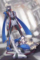  1boy battle blazblue blonde_hair blue_footwear bolverk boots cape commentary_request female formal green_eyes gun handgun hiyohiyo_(naga) jin_kisaragi long_hair lying noel_vermillion short_hair sword thighhighs weapon yukianesa zettai_ryouiki 