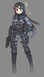  arima_senne bad_id bad_pixiv_id bodysuit boots brown_hair chin_strap contrapposto female full_body gun hand_on_own_hip handgun harness holster kashiwamochi_yomogi knee_pads laser laser_pointer_projection laser_sight long_hair looking_at_viewer night_vision_device original photoshop_(medium) red_eyes red_hair simple_background smile solo splinter_cell standing thigh_holster translated weapon 