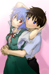  1boy arm_around_neck ayanami_rei blue_eyes blue_hair blush brown_hair commentary_request couple derivative_work female highres hug hug_from_behind ikari_shinji looking_up neon_genesis_evangelion own_hands_clasped own_hands_together photoshop_(medium) red_eyes ribbon school_uniform short_hair smile straight tententensan 