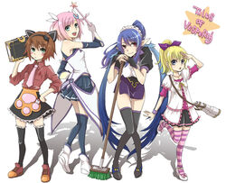  4girls alternate_costume animal_ears apron bad_id bad_pixiv_id bare_shoulders blonde_hair blue_eyes blue_hair blush book boots bracelet breasts broom brown_eyes brown_hair cat_ears commentary_request copyright_name elbow_gloves enmaided estellise_sidos_heurassein estellise_sidos_heurassein_(magical_maiden) flat_chest frills gloves green_eyes hairband jewelry judith_(glamorous_maid)_(tales) judith_(tales) kawamura_raichi large_breasts legs looking_back maid maid_headdress miniskirt multiple_girls necktie official_alternate_costume patty_fleur patty_fleur_(head-turner) pink_hair pointy_ears ponytail rita_mordio rita_mordio_(catgirl_waitress) shoes short_hair side_slit skirt striped_clothes striped_thighhighs tales_of_(series) tales_of_vesperia thighhighs waitress wand white_background zettai_ryouiki 