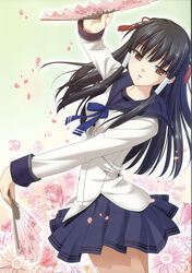  absurdres black_hair brown_eyes dancing dual_wielding female flower folding_fan hand_fan highres holding kani_biimu oouchi_itsuki petals school_uniform serafuku smile solo tamafuri_series 