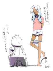  :&lt; arms_behind_back barefoot between_toes blush breasts commentary_request dark-skinned_female dark_skin drawing_tablet feet female highres holding_with_feet i-iv_(longman) long_hair multiple_panties one_eye_closed original panties panty_pull partial_commentary photoshop_(medium) red_eyes robot shindan_maker signature small_breasts solo_focus stylus translated underwear white_hair 