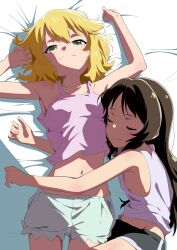  2girls absurdres armpits arms_up bed_sheet black_shorts blonde_hair breasts brown_hair camisole closed_eyes collarbone commentary flat_chest green_eyes hair_between_eyes highres hug idolmaster idolmaster_cinderella_girls idolmaster_cinderella_girls_u149 long_hair looking_at_viewer lying medium_hair messy_hair multiple_girls navel on_bed papiyon1297 pink_camisole sakurai_momoka short_shorts shorts sideboob sidelocks sleeping smile stomach tachibana_arisu thighs wavy_hair white_shorts 