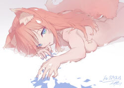  animal_ears ass blue_nails breasts commentary commission dated female green_eyes hizuki_rurufu long_hair looking_at_viewer lying medium_breasts nail_polish nilitsu nude on_stomach orange_hair petals petals_on_ground signature skeb_commission snack_nili solo symbol-only_commentary tail virtual_youtuber wolf_ears wolf_girl wolf_tail 