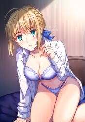  :o ahoge alternate_costume artoria_pendragon_(fate) blonde_hair blue_bra blue_panties blue_ribbon blush bra braid breasts cleavage commentary_request fate/stay_night fate_(series) female green_eyes hair_ribbon highres indoors kneeling long_sleeves looking_at_viewer medium_breasts no_pants on_bed open_clothes open_shirt panties ribbon saber_(fate) shirt short_hair signature solo underwear yaoto 